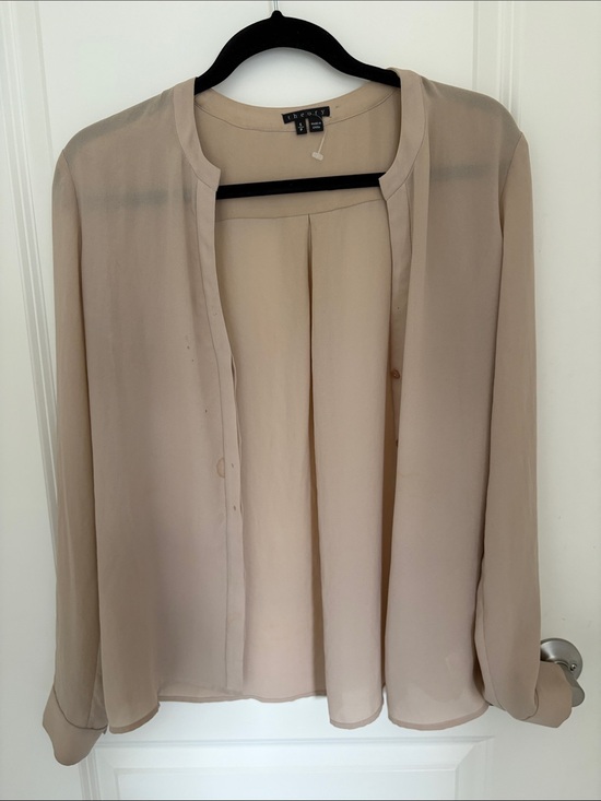 Theory Tops - Theory Sheer Collarless Silk Blouse in Light Beige